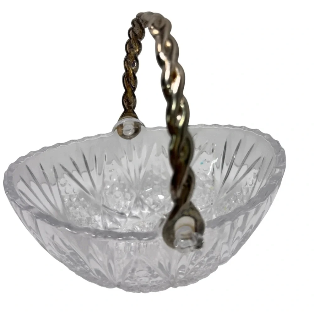 Vintage Mikasa Cut Glass Crystal Basket Candy Dish Silver Tone Twisted Handle